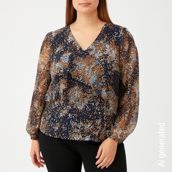 Zac & Rachel Navy Multicolor Polka Dot Long Sleeve  V Neck Blouse, Semi Sheer, L - Picture 15 of 15